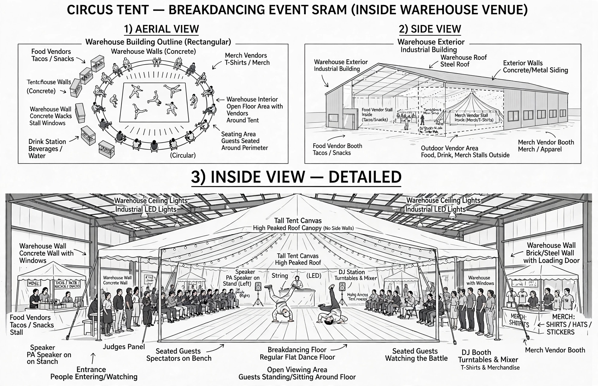 Venue layout: aerial, side and inside views of the open canopy inside a warehouse, showing the dance floor, judges panel, DJ booth, seating and vendor stalls around the perimeter
